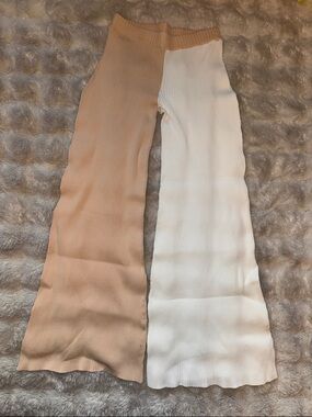 Ronny Kobo Collection Two-Tone Wide Leg Knit Pants in Beige and White